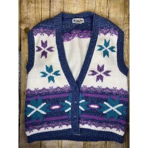 Gina Peters‎ Womens Sleeveless Button Sweater Vest Blue White Nordic Fair Isle M